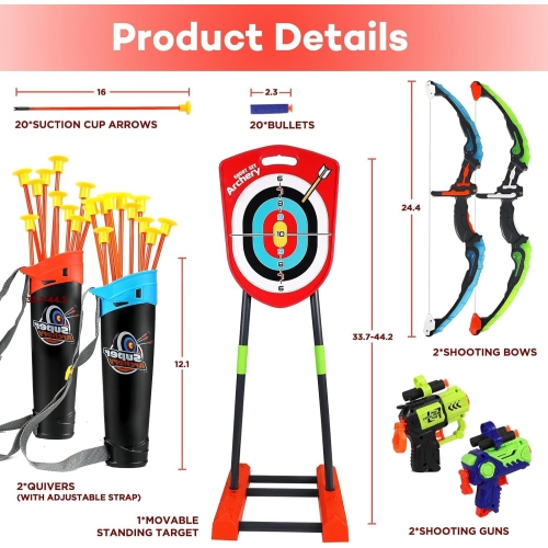 FINCOME Bow and Arrow Kids 8-12, 2 in 1 Archery Set Shooting Games Toys with Movable Standing Target, 20 Suction Cup Arr