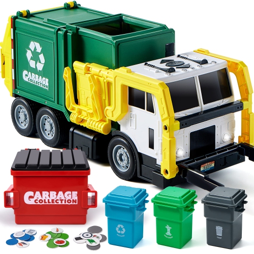 JOYIN  16" Large Garbage Truck Toys for Boys, Realistic Trash Truck Toy With Trash Can Lifter And Dumping Function, Garba