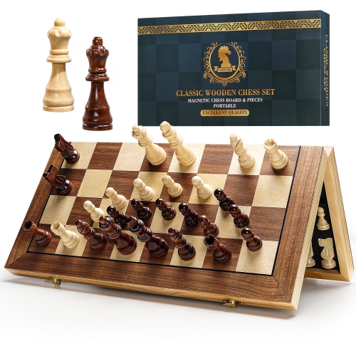 Magnetic Chess Set for Adults & Kids, 15" Wooden Folding Chess Boards, Handcrafted Portable Travel Chess Game for Beginn