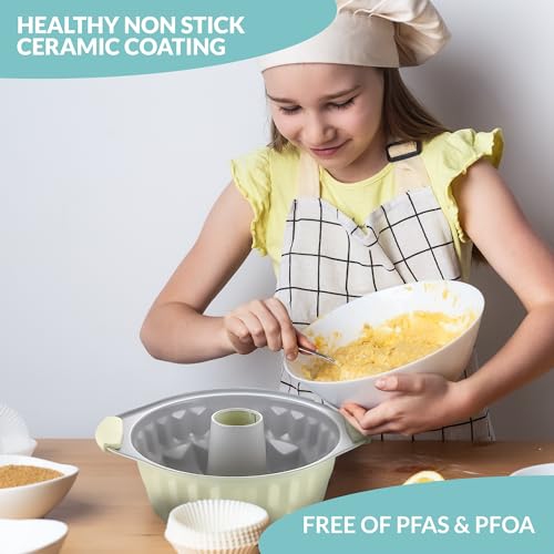 Boxiki Kitchen Premium Non-Stick Fluted Cake Pan - Ceramic Bakeware for Perfect Pound Cakes, Chocoflan & More - Durable