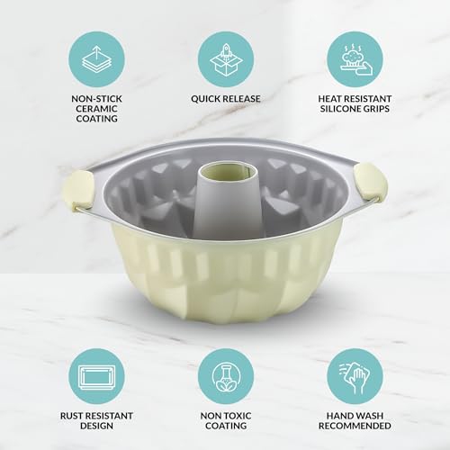 Boxiki Kitchen Premium Non-Stick Fluted Cake Pan - Ceramic Bakeware for Perfect Pound Cakes, Chocoflan & More - Durable