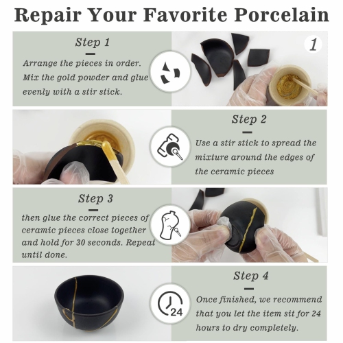 1DFAUL Kintsugi Repair Kit Food Safe, Japanese Gold Repair kit, Bio Gold Glue for Ceramics and Porcelain Repair, Ceramic
