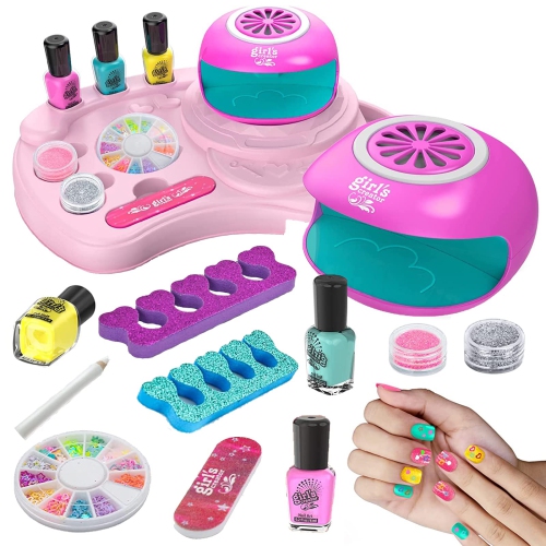 Nail Art Kit for Girls, Kids Nail Polish Play Set with Nail Dryer, Washable Make Up Sets for Girls, Nail Studio Decorati