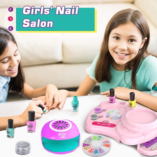 Nail Art Kit for Girls, Kids Nail Polish Play Set with Nail Dryer, Washable Make Up Sets for Girls, Nail Studio Decorati