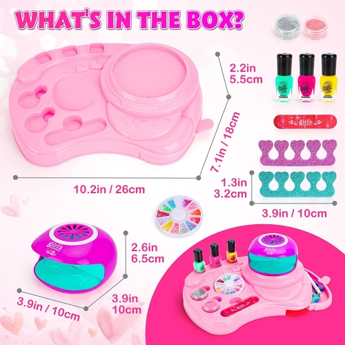 Nail Art Kit for Girls, Kids Nail Polish Play Set with Nail Dryer, Washable Make Up Sets for Girls, Nail Studio Decorati