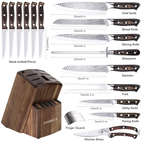 Ensemble de couteaux de cuisine, ensemble de couteaux 16 pièces avec affûteur intégré et bloc en bois, manche en bois de feuillus pour couteau de chef
