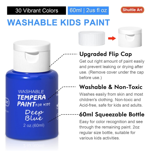 Peinture tempéra Shuttle Art, 30 couleurs de peinture lavable pour enfants, bouteille 2 oz/60 ml, peintures de doigts non toxiques pour