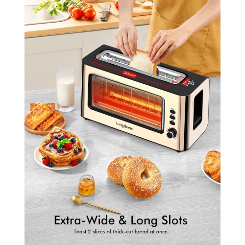 Clear View Toaster LONGDEEM 1.75" Wide Slot, 10.2" Extra Long Slots Glass Toasters Stainless Steel 2 Slice with 6 Browni