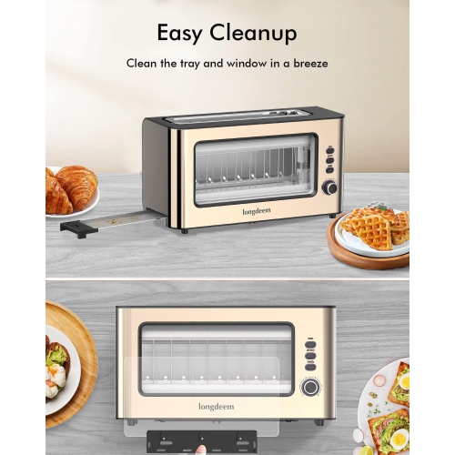 Clear View Toaster LONGDEEM 1.75" Wide Slot, 10.2" Extra Long Slots Glass Toasters Stainless Steel 2 Slice with 6 Browni