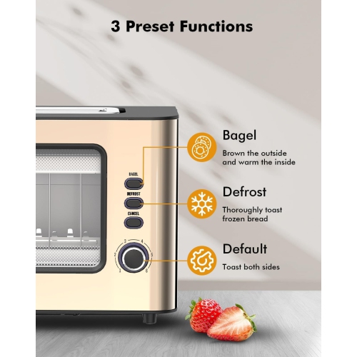 Clear View Toaster LONGDEEM 1.75" Wide Slot, 10.2" Extra Long Slots Glass Toasters Stainless Steel 2 Slice with 6 Browni