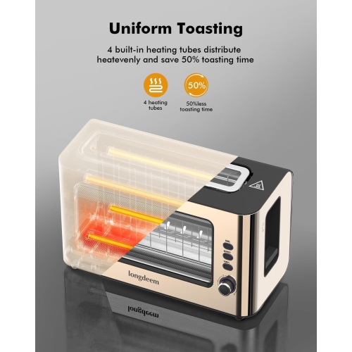 Clear View Toaster LONGDEEM 1.75" Wide Slot, 10.2" Extra Long Slots Glass Toasters Stainless Steel 2 Slice with 6 Browni
