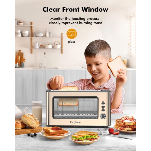 Clear View Toaster LONGDEEM 1.75" Wide Slot, 10.2" Extra Long Slots Glass Toasters Stainless Steel 2 Slice with 6 Browni