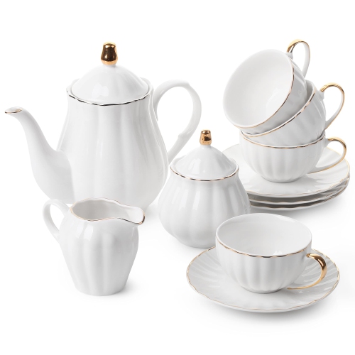 BTaT - Classic Tea Set, 13 pcs, Tea Cups, Tea Pot (32oz), Creamer and Sugar Set, Porcelain Tea Set, White Tea Set,