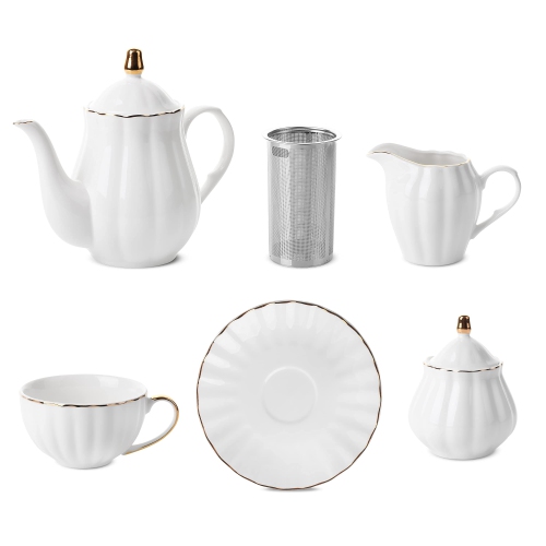 BTaT - Classic Tea Set, 13 pcs, Tea Cups, Tea Pot (32oz), Creamer and Sugar Set, Porcelain Tea Set, White Tea Set,