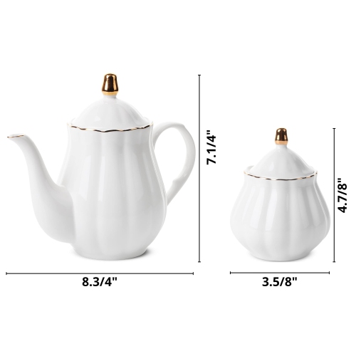 BTaT - Classic Tea Set, 13 pcs, Tea Cups, Tea Pot (32oz), Creamer and Sugar Set, Porcelain Tea Set, White Tea Set,