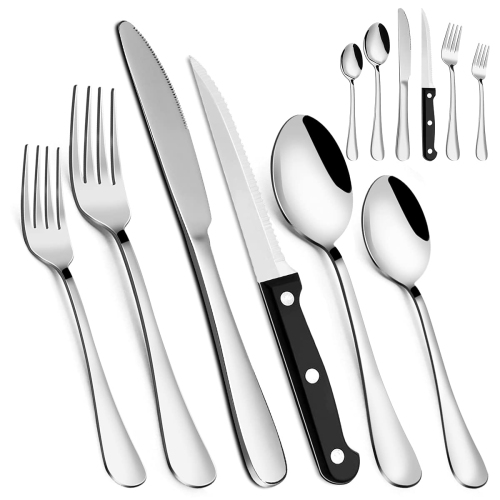 Silverware Set, MASSUGAR 48-Piece Silverware Utensil Set with Steak Knives for 8, Stainless Steel Flatware Cutlery Set f
