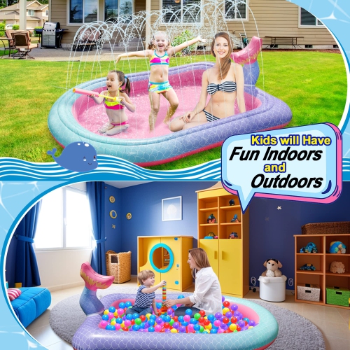 68" Sprinkler & Splash Pad for Kids, Large Outdoor Sprinklers Play Mat Summer Water Play Toys Pool Inflatable Mermaid Sp