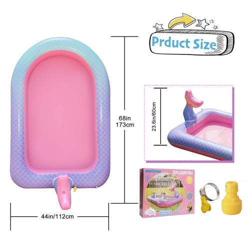 68" Sprinkler & Splash Pad for Kids, Large Outdoor Sprinklers Play Mat Summer Water Play Toys Pool Inflatable Mermaid Sp