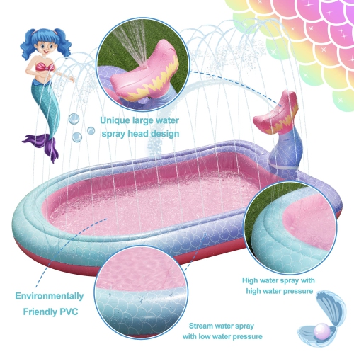 68" Sprinkler & Splash Pad for Kids, Large Outdoor Sprinklers Play Mat Summer Water Play Toys Pool Inflatable Mermaid Sp