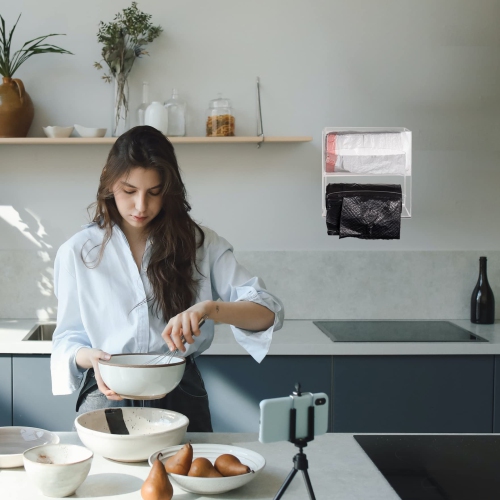 SEANADO Trash Bag Dispenser Holder, 2 Compartment Wall Mount Acrylic Kitchen Double Side Loaded Organizer Storage Box Ho