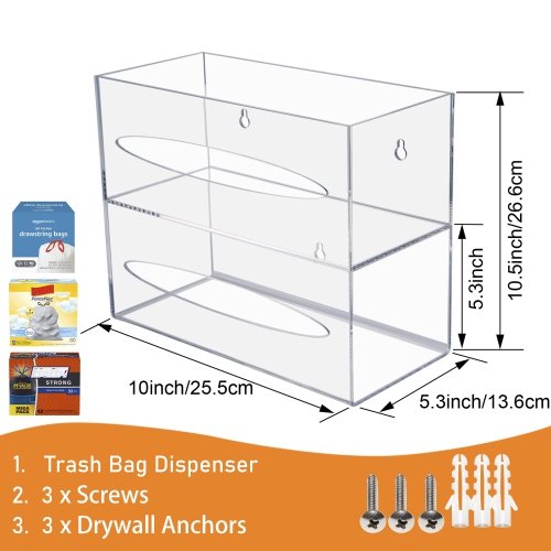SEANADO Trash Bag Dispenser Holder, 2 Compartment Wall Mount Acrylic Kitchen Double Side Loaded Organizer Storage Box Ho