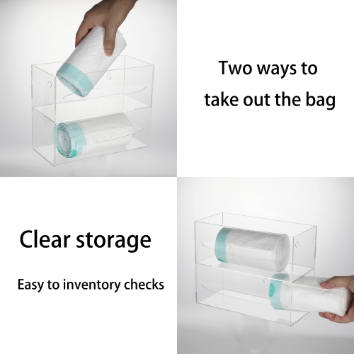 SEANADO Trash Bag Dispenser Holder, 2 Compartment Wall Mount Acrylic Kitchen Double Side Loaded Organizer Storage Box Ho