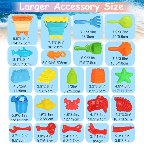 Elovien Beach Sand Toys Set, 24Pcs Sandbox Toys with Mesh Backpack Bag, Included 2 Collapsible Buckets, Sand Molds, Shov