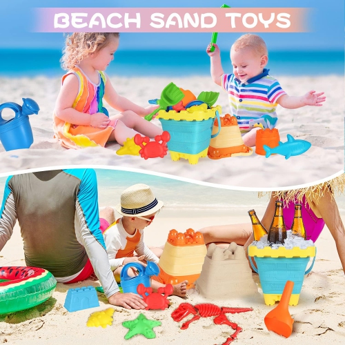 Elovien Beach Sand Toys Set, 24Pcs Sandbox Toys with Mesh Backpack Bag, Included 2 Collapsible Buckets, Sand Molds, Shov