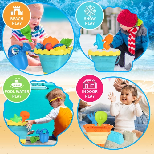 Elovien Beach Sand Toys Set, 24Pcs Sandbox Toys with Mesh Backpack Bag, Included 2 Collapsible Buckets, Sand Molds, Shov