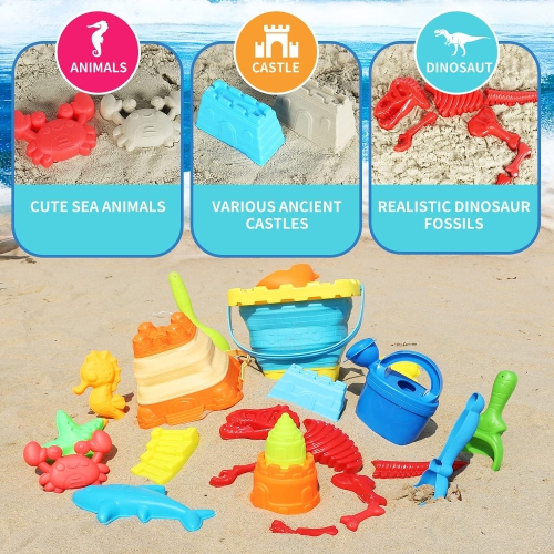 Elovien Beach Sand Toys Set, 24Pcs Sandbox Toys with Mesh Backpack Bag, Included 2 Collapsible Buckets, Sand Molds, Shov