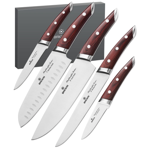 Brewin Chef Knife Set 5 PCS Chefilosophi Series with Elegant Red Pakkawood Handle Ergonomic Design,Professional Ultra Sh