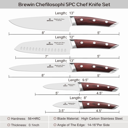 Ensemble de couteaux de chef Brewin 5 PCS série Chefilosophi avec élégant manche en bois de pakka rouge, modèle ergonomique Professional Ultra Sh