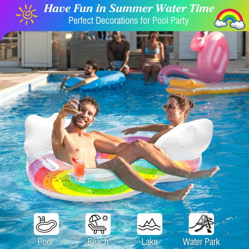 MoKo Pool Floats Adult, 2 Seat Inflatable Chairs, Rainbow Pool Floaties with Clouds Backrests, Inflatable Pool Toys with