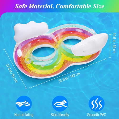 MoKo Pool Floats Adult, 2 Seat Inflatable Chairs, Rainbow Pool Floaties with Clouds Backrests, Inflatable Pool Toys with