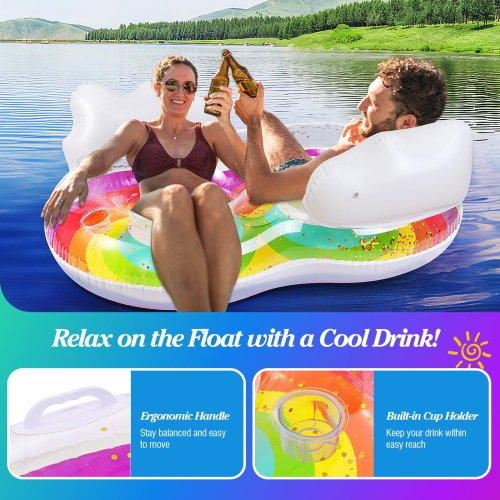 MoKo Pool Floats Adult, 2 Seat Inflatable Chairs, Rainbow Pool Floaties with Clouds Backrests, Inflatable Pool Toys with
