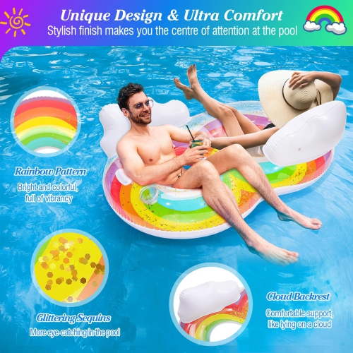 MoKo Pool Floats Adult, 2 Seat Inflatable Chairs, Rainbow Pool Floaties with Clouds Backrests, Inflatable Pool Toys with