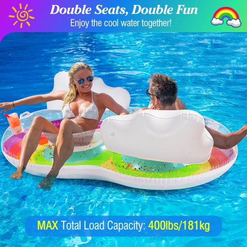 MoKo Pool Floats Adult, 2 Seat Inflatable Chairs, Rainbow Pool Floaties with Clouds Backrests, Inflatable Pool Toys with