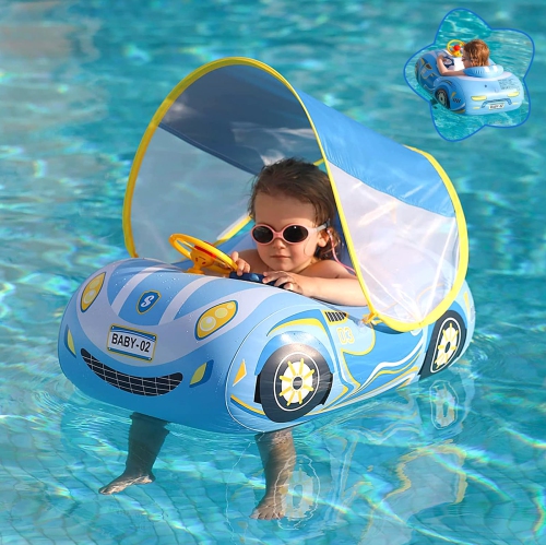 Baby Pool Float with Canopy, PVC Baby Swim Float with Sun Shade Cover, 3D Car Toddler Pool Float Swimming Floats Seat Bo
