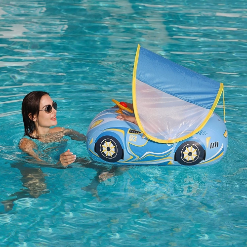 Baby Pool Float with Canopy, PVC Baby Swim Float with Sun Shade Cover, 3D Car Toddler Pool Float Swimming Floats Seat Bo
