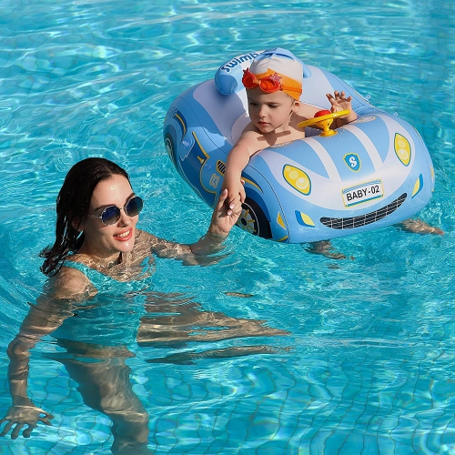 Baby Pool Float with Canopy, PVC Baby Swim Float with Sun Shade Cover, 3D Car Toddler Pool Float Swimming Floats Seat Bo