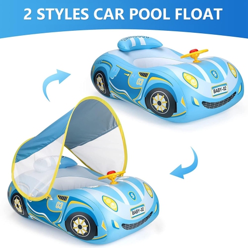 Baby Pool Float with Canopy, PVC Baby Swim Float with Sun Shade Cover, 3D Car Toddler Pool Float Swimming Floats Seat Bo