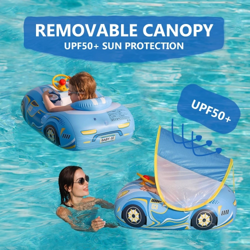 Baby Pool Float with Canopy, PVC Baby Swim Float with Sun Shade Cover, 3D Car Toddler Pool Float Swimming Floats Seat Bo