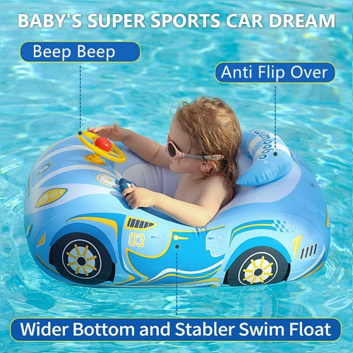 Baby Pool Float with Canopy, PVC Baby Swim Float with Sun Shade Cover, 3D Car Toddler Pool Float Swimming Floats Seat Bo
