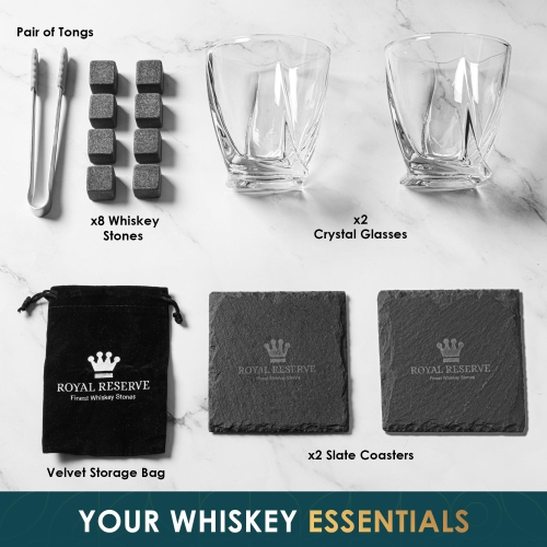 Ensemble de 2 verres à whisky avec pierres à whisky de Royal Reserve - Pinces et sous-verres
