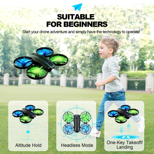 RC Drone for Kids and Beginner, Small RC Quadcopter with Lights and 3D Flip, Altitude Hold, Headless Mode, Propeller Ful
