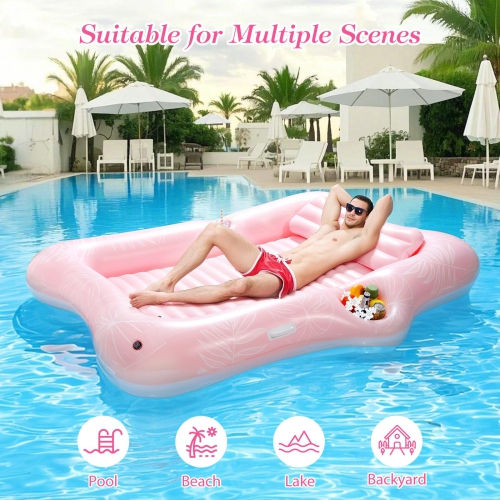 MoKo Pool Floats Adult, 84" x 58" Large Floating Bed with Ice Bar, Tanning Chair Inflatable Lounger with Drink Holder Po