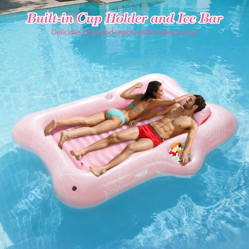 MoKo Pool Floats Adult, 84" x 58" Large Floating Bed with Ice Bar, Tanning Chair Inflatable Lounger with Drink Holder Po