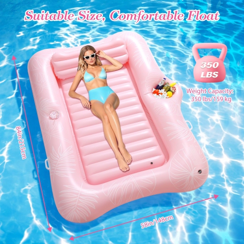 MoKo Pool Floats Adult, 84" x 58" Large Floating Bed with Ice Bar, Tanning Chair Inflatable Lounger with Drink Holder Po