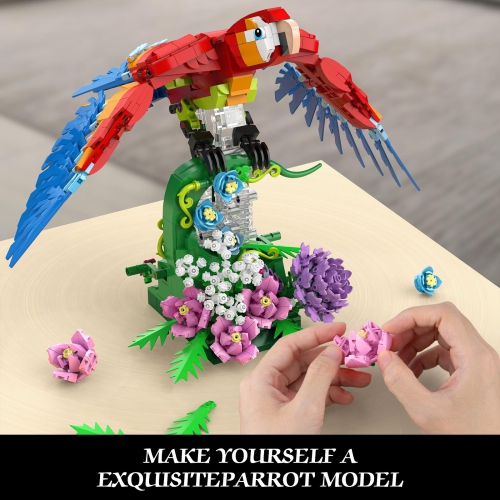 Vziimo Parrot Floral Building Set, MOC Flower and Parrot Collectible Table Art Kit, Creator 2 in 1 Animals Bird Ideas Gi