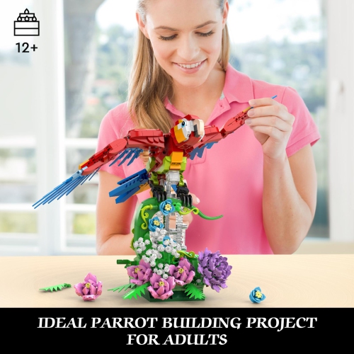 Vziimo Parrot Floral Building Set, MOC Flower and Parrot Collectible Table Art Kit, Creator 2 in 1 Animals Bird Ideas Gi